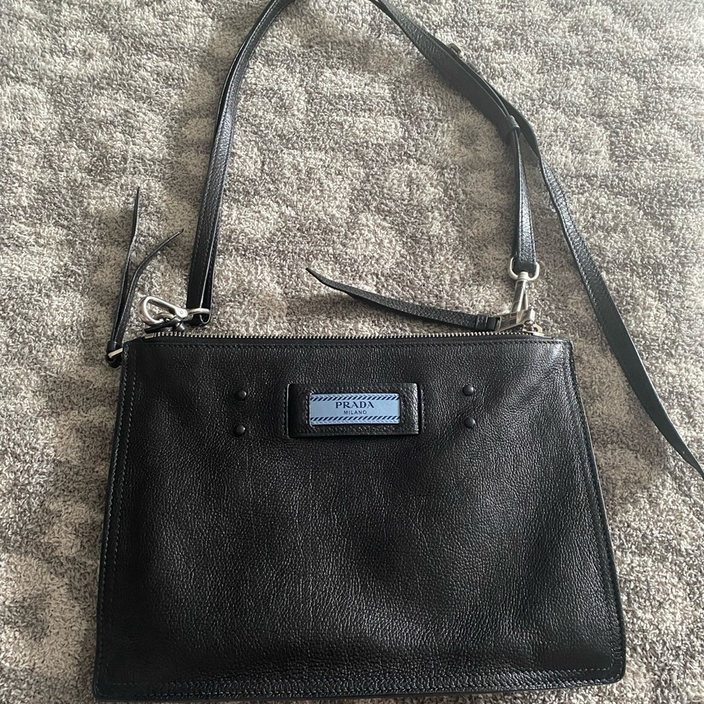 Prada black leather glacé calf crossbody etiquette handbag